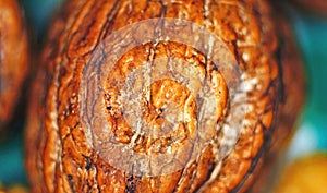 Macro of walnut on table of kitchen