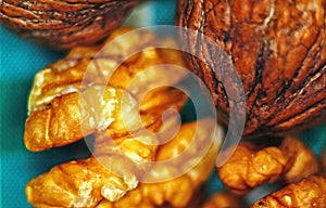Macro of walnut on table of kitchen