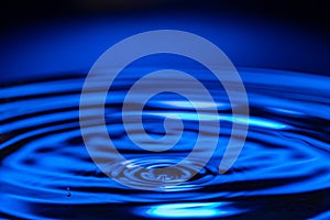 Macro water drop on a blue background and circles on it. Round water drop. splashes, spray, abstract shapes out of water