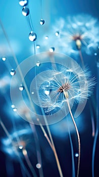 Macro water droplets around white Dandelion seed, vertical background