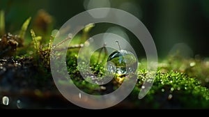 Macro Waterdrop Concept. Droplet with Green Reflection of Nature, Ecological and Environmental Image. Ai Generated