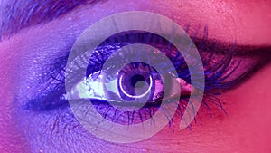Macro of woman eye with glitter shiny make-up. Long false lashes, neon light. Lady, colorful cornea with round