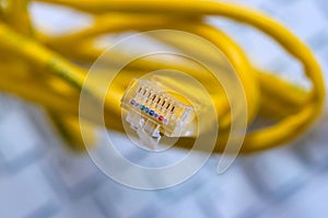 Macro of a yellow network cable