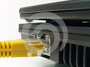Macro  of yellow twisted pair ethernet network cable connected to laptop