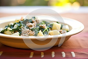 macro of zuppa toscana, sausage chunks focused