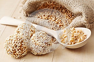 Macrobiotic healthy food: balls from ground wheat photo
