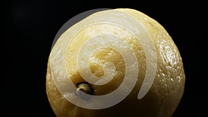 Macrography of a lemon against a bold black background. Close up. Comestible. photo