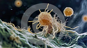 A macrophage cell engulfing a foreign object its impressive size compared to other cells evident. These tiny warriors