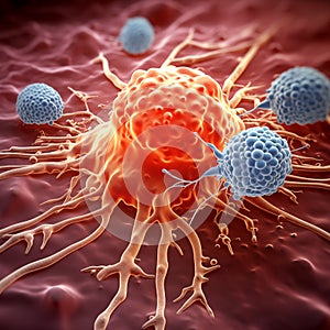 Macrophages Attack Cancer Cells. Generative AI photo
