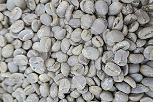 Macrophotograpy of dried raw coffee beans.