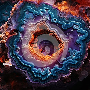 Macroscopic view inside a geode with vibrant crystal formations
