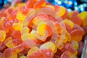 Macroshot of heart shaped jelly candies, sale on local market