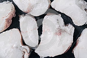 Macrourus fish frozen, fresh, sliced and cut in portions. Gray background