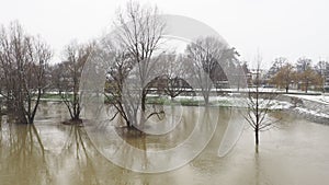 Macvanska Mitrovica, Serbia, 01/27/2023 The bridge over the Sava River. Flooding after heavy rains and snowmelt. A swift