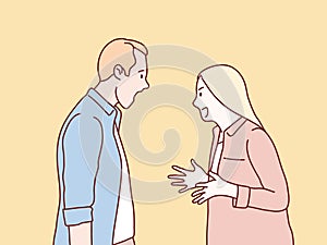 Mad angry debate cranky quarreling couple having an argument simple korean style illustration