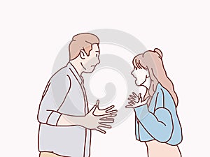 Mad angry debate cranky quarreling young couple having an argument simple korean style illustration