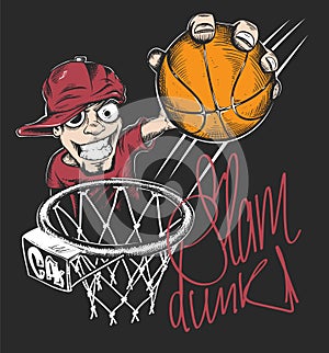 Mad basketball slam dunk t-shirt print design vector illustration.