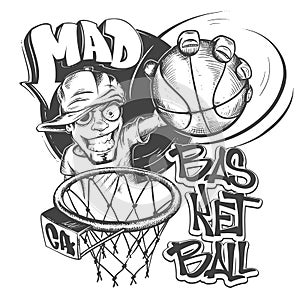 Mad basketball slam t-shirt print design vector illustration.