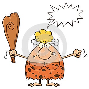 Mad Blonde Cave Woman Cartoon Mascot Character Holding Up A Fist And A Club