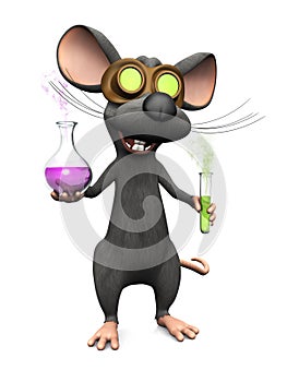 Mad cartoon mouse doing a science experiment.