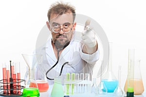 Mad chemist in the lab doing reaction