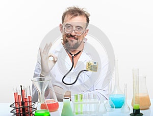 Mad chemist in the lab doing reaction