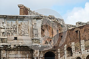 Mad clouds and Coliseum old building in Rome city, Italy