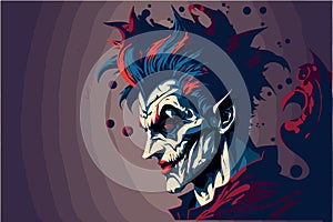 Mad crazy jester. Vector illustration of scary clown. Horror circus head. Cartoon design of creepy