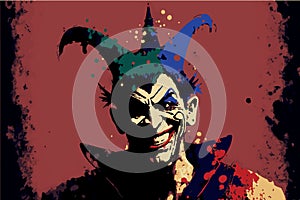 Mad crazy jester. Vector illustration of scary clown. Horror circus head. Cartoon design of creepy