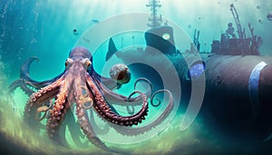 Mad kraken giant octopus with submarine under the deep sea