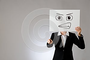 Mad lady unhappy face on poster with criticize