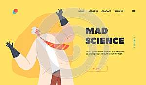 Mad Science Landing Page Template. Evil Professor Laughing, Crazy Doctor Character in Lab Coat and Rubber Gloves