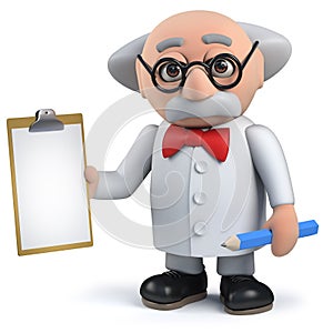 Mad scientist in 3d holding a clipboard and pencil