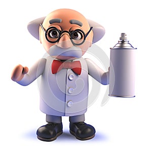 Mad scientist cartoon character in 3d holding an aerosol spraycan