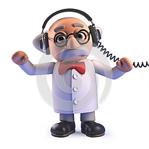 Mad scientist cartoon character in 3d wearing a pair of headphones