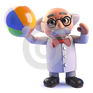 Mad scientist cartoon character in 3d playing with a beach ball on holiday