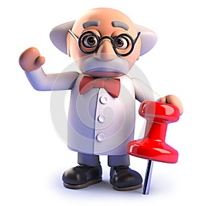 Mad scientist cartoon character with a tack, 3d illustration