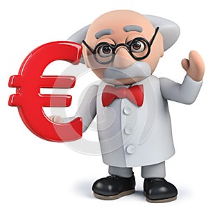 Mad scientist character in 3d holding a Euro currency symbol