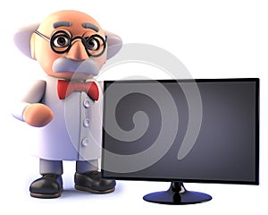 Mad scientist character with flatscreen hd television monitor display