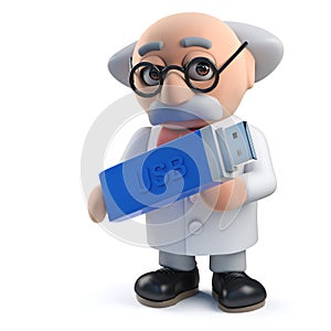 Mad scientist character holding a usb thumb drive device in 3d