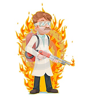 Mad scientist with flamethrower cleansing purification by fire destruction science cartoon character vector illustration