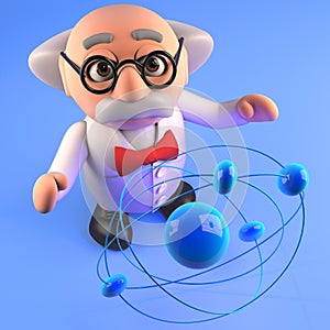 Mad scientist physicist studying an atomic particle, 3d illustration