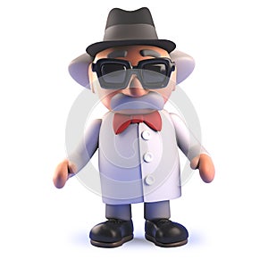 Mad scientist professor cartoon character in 3d wearing a pork pie trilby hat
