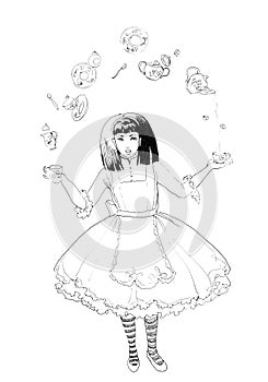 Mad Tea Party of Alice. Hand drawn illustration of young black haired girl with different tea equipment . Pen drawing on