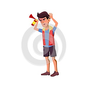 mad young man humming with fan hooter on stadium cartoon vector