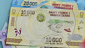 Madagascar Currency, Ariary, Various Banknotes, Counting