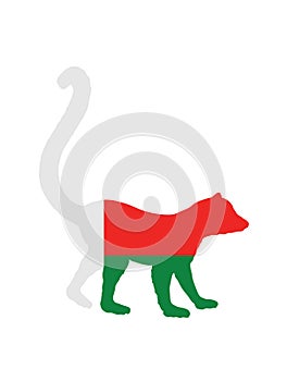 Madagascar flag over Lemur monkey vector silhouette illustration isolated on white background.