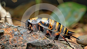 Madagascar hissing cockroach on forest floor. Dark-winged insect in a natural setting. Concept of wildlife, entomology