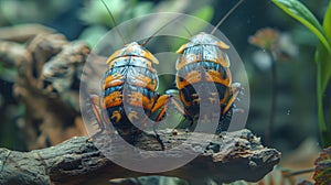 Madagascar hissing cockroaches on a decaying log. Exotic insects inside a terrarium. Concept of entomology, unique pets