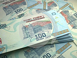 Madagascar money. Malagasy ariary banknotes. 100 MGA ariary bills. 3d illustration